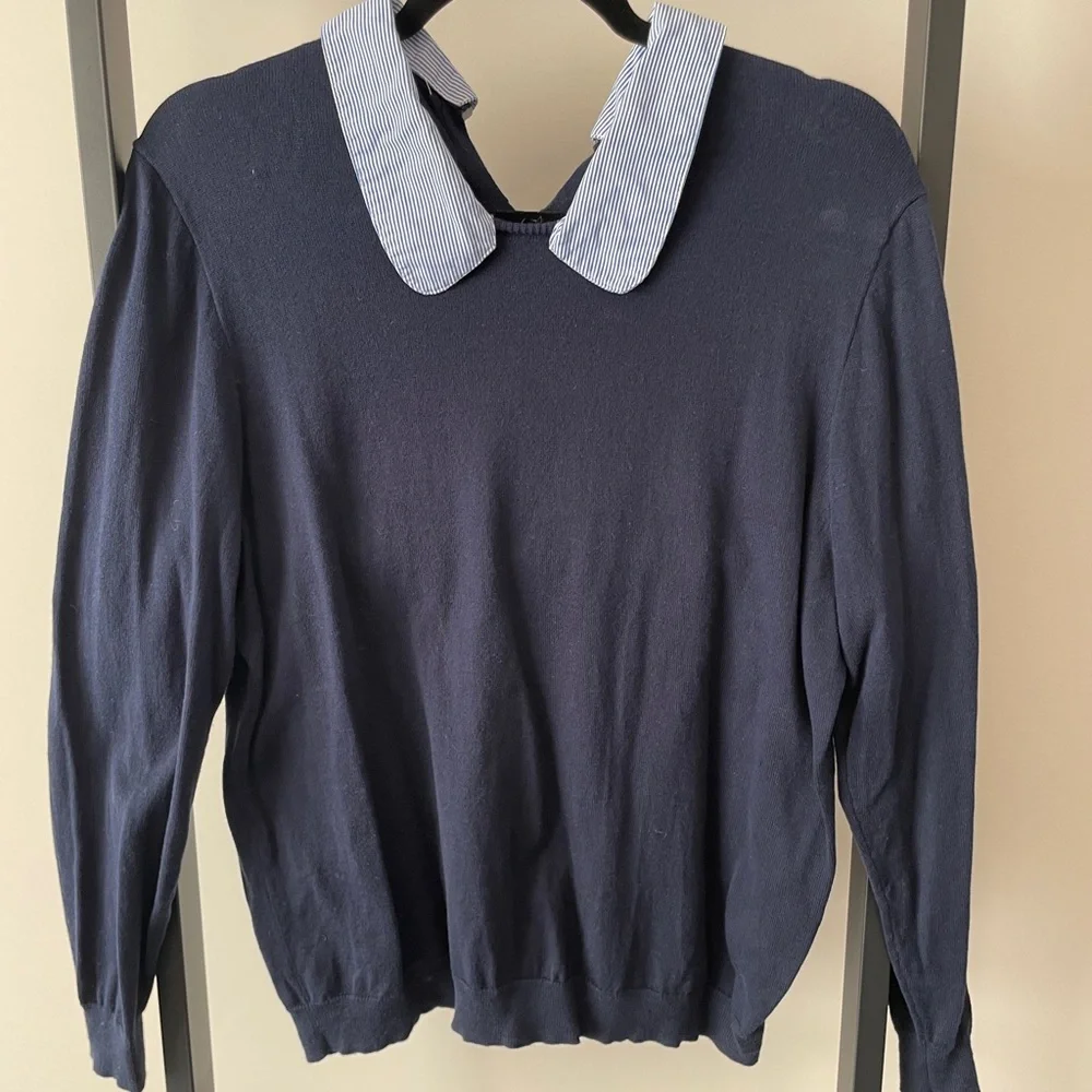 J. Crew Navy Sweater with Striped Collar - Picture 1 of 3